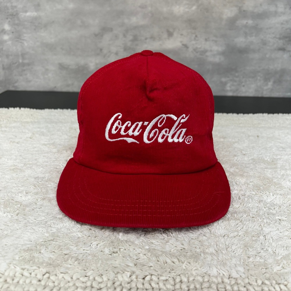 90s Vintage Coke Corduroy Snapback Hat OSFA Embroidered Coca Cola Dad Cap Red
